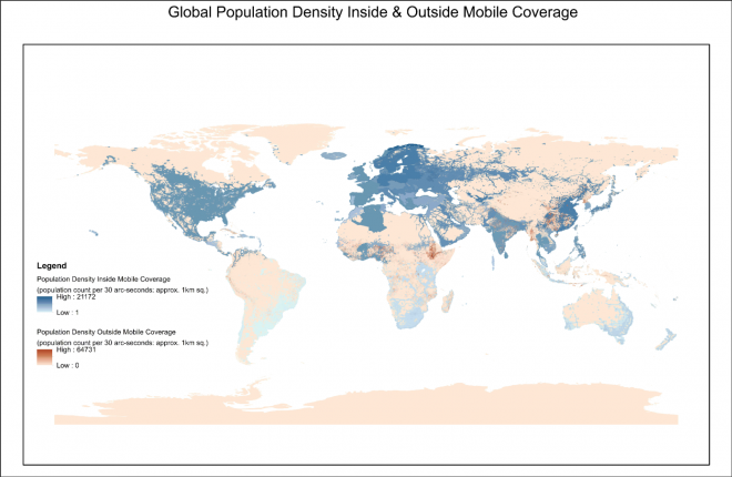 Global population density inside and outside mobile coverage